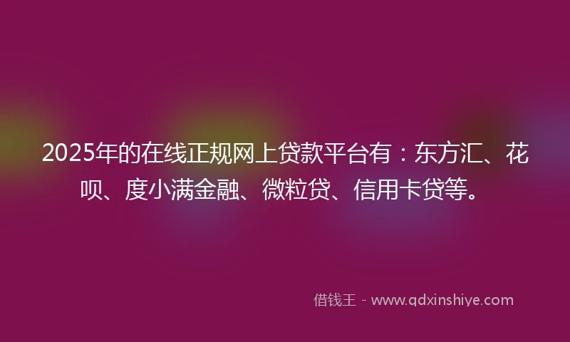 2025年的在线正规网上贷款平台有：东方汇、花呗、度小满金融、微粒贷、信用卡贷等。