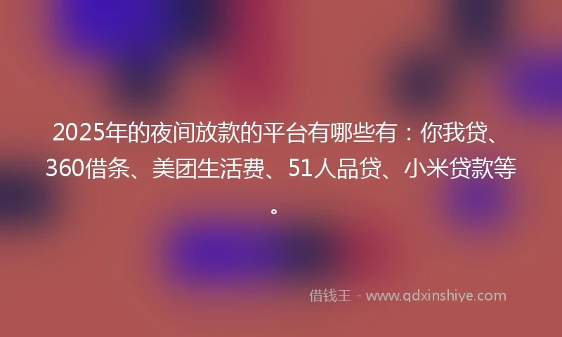 2025年的夜间放款的平台有哪些有：你我贷、360借条、美团生活费、51人品贷、小米贷款等。