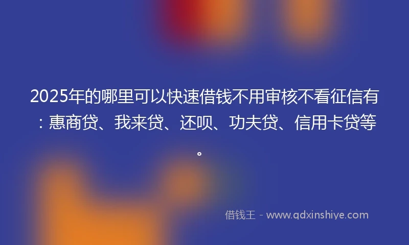 2025年的哪里可以快速借钱不用审核不看征信有：惠商贷、我来贷、还呗、功夫贷、信用卡贷等。