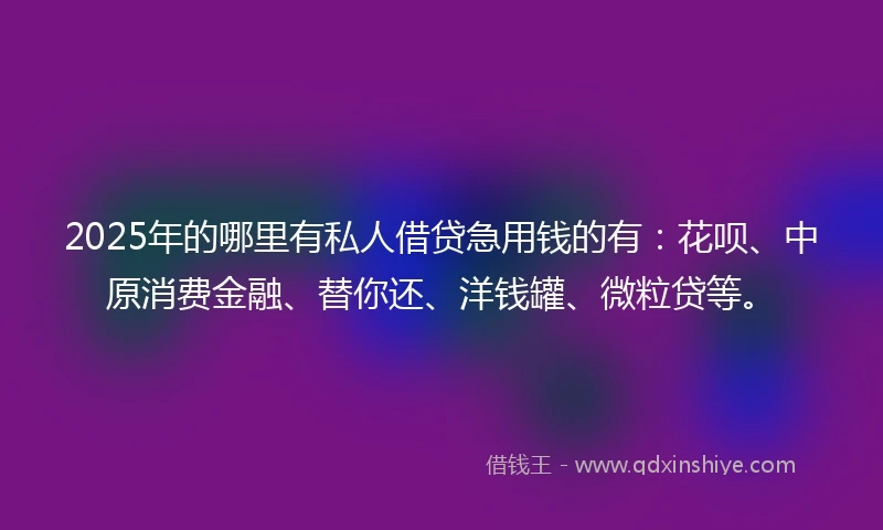 2025年的哪里有私人借贷急用钱的有：花呗、中原消费金融、替你还、洋钱罐、微粒贷等。