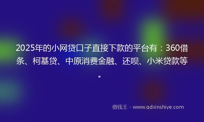 2025年的小网贷口子直接下款的平台有：360借条、柯基贷、中原消费金融、还呗、小米贷款等。