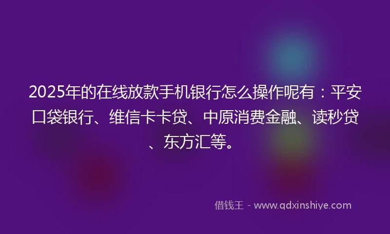 2025年的在线放款手机银行怎么操作呢有：平安口袋银行、维信卡卡贷、中原消费金融、读秒贷、东方汇等。