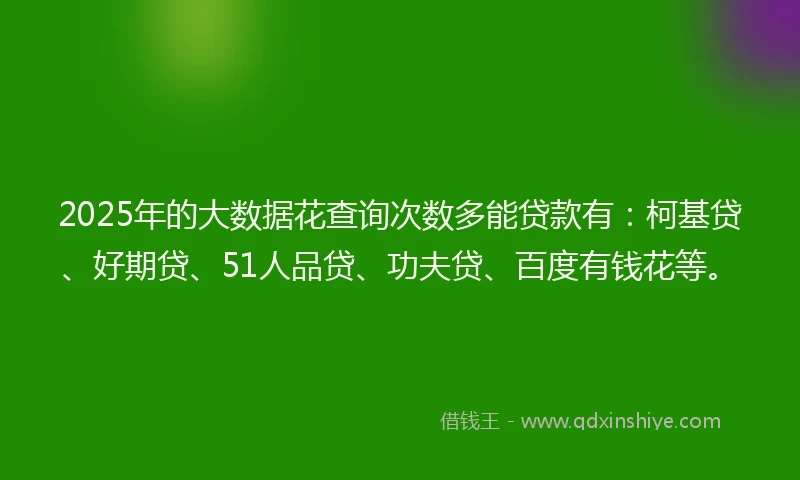 2025年的大数据花查询次数多能贷款有：柯基贷、好期贷、51人品贷、功夫贷、百度有钱花等。