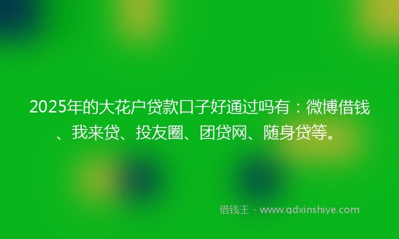 2025年的大花户贷款口子好通过吗有：微博借钱、我来贷、投友圈、团贷网、随身贷等。