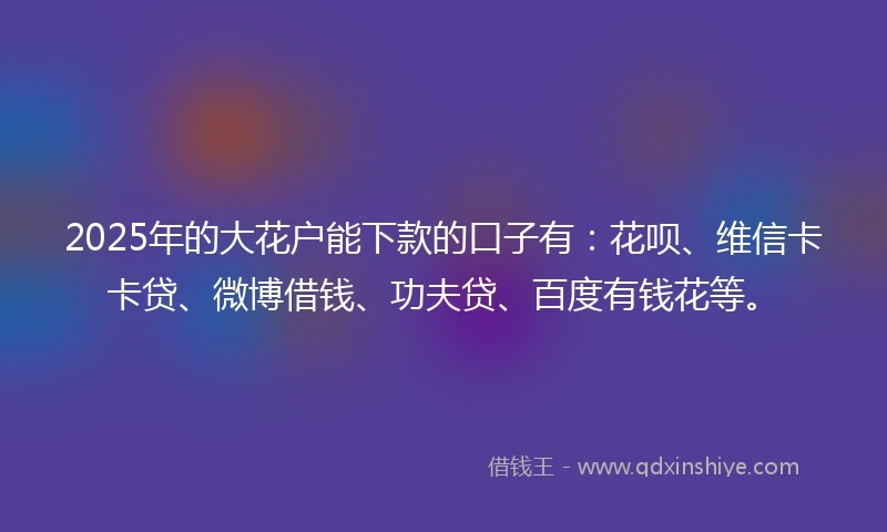 2025年的大花户能下款的口子有：花呗、维信卡卡贷、微博借钱、功夫贷、百度有钱花等。