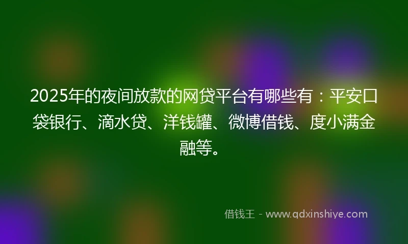 2025年的夜间放款的网贷平台有哪些有：平安口袋银行、滴水贷、洋钱罐、微博借钱、度小满金融等。