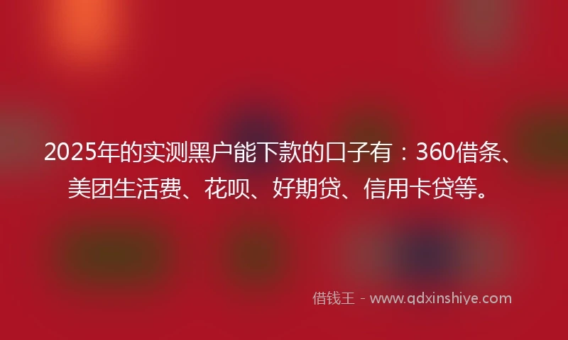 2025年的实测黑户能下款的口子有：360借条、美团生活费、花呗、好期贷、信用卡贷等。