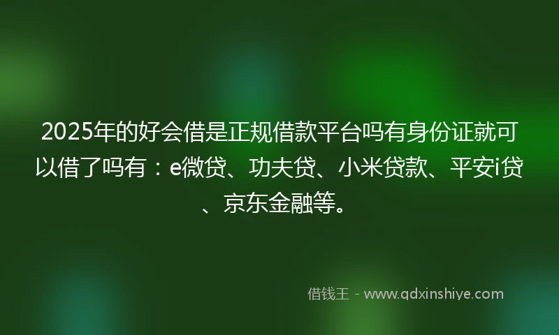 2025年的好会借是正规借款平台吗有身份证就可以借了吗有：e微贷、功夫贷、小米贷款、平安i贷、京东金融等。