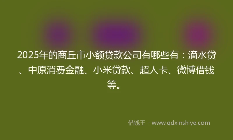 2025年的商丘市小额贷款公司有哪些有:滴水贷、中原消费金融、小米贷款、超人卡、微博借钱等。