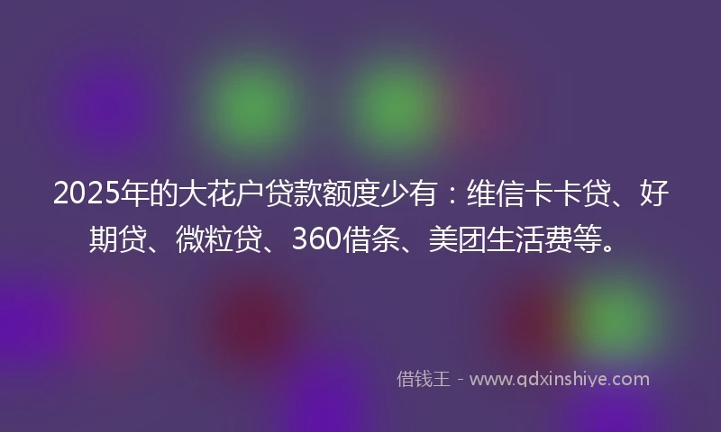 2025年的大花户贷款额度少有：维信卡卡贷、好期贷、微粒贷、360借条、美团生活费等。