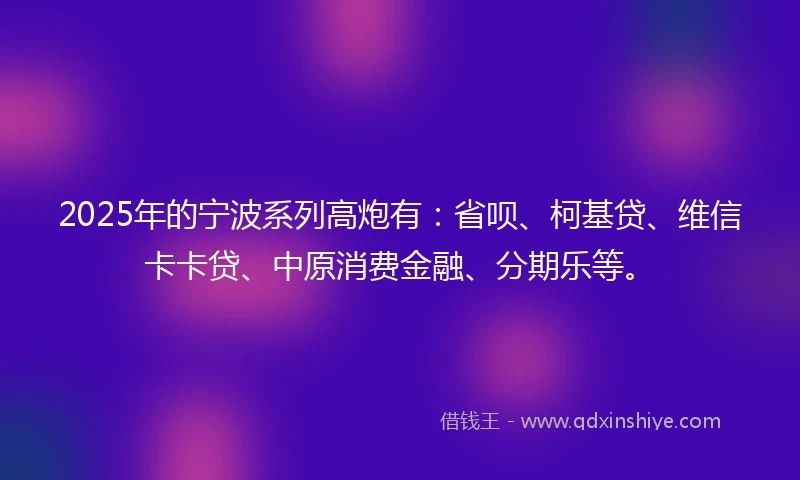 2025年的宁波系列高炮有：省呗、柯基贷、维信卡卡贷、中原消费金融、分期乐等。