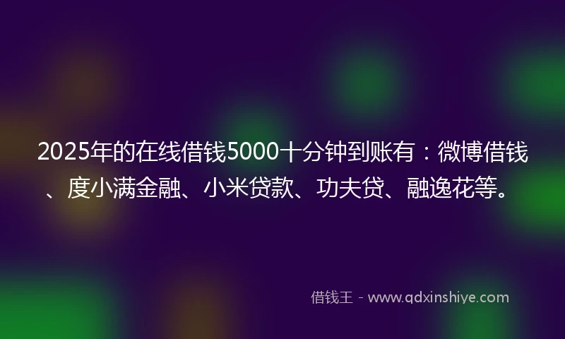 2025年的在线借钱5000十分钟到账有：微博借钱、度小满金融、小米贷款、功夫贷、融逸花等。