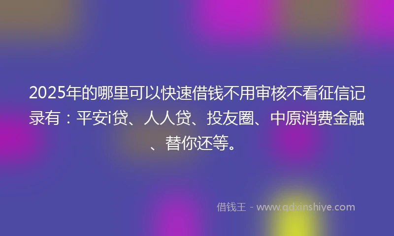 2025年的哪里可以快速借钱不用审核不看征信记录有：平安i贷、人人贷、投友圈、中原消费金融、替你还等。