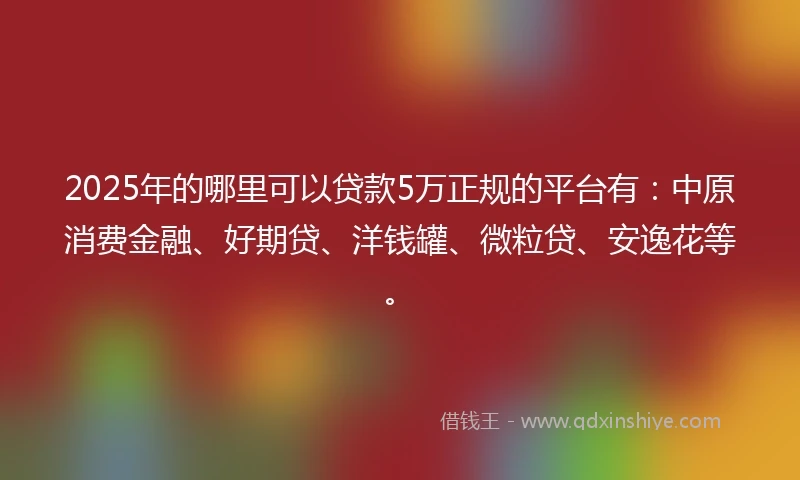 2025年的哪里可以贷款5万正规的平台有：中原消费金融、好期贷、洋钱罐、微粒贷、安逸花等。