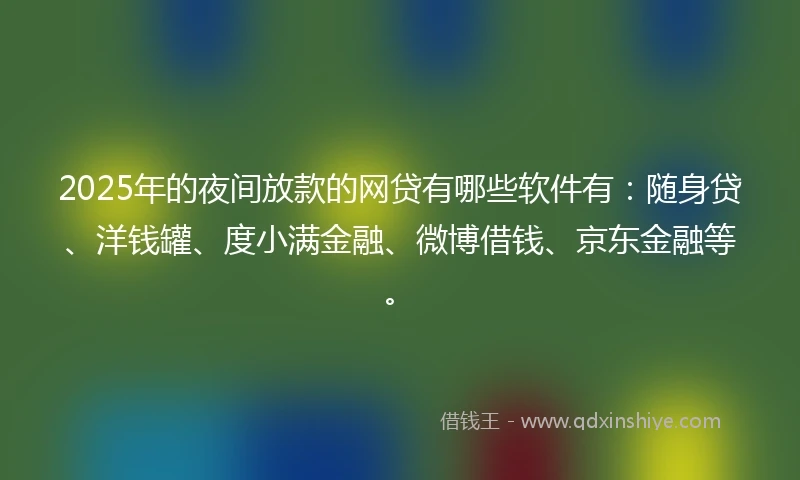 2025年的夜间放款的网贷有哪些软件有：随身贷、洋钱罐、度小满金融、微博借钱、京东金融等。