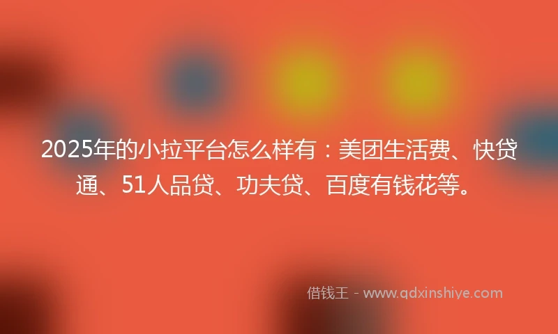 2025年的小拉平台怎么样有：美团生活费、快贷通、51人品贷、功夫贷、百度有钱花等。