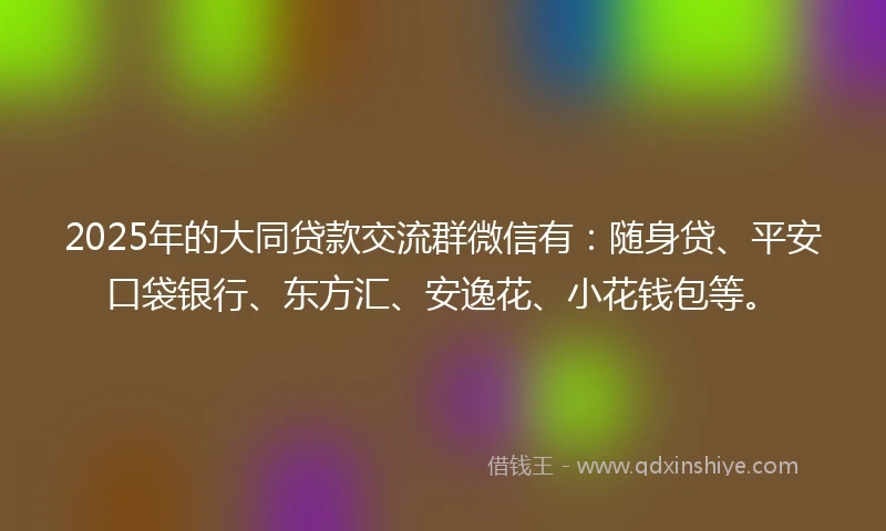 2025年的大同贷款交流群微信有：随身贷、平安口袋银行、东方汇、安逸花、小花钱包等。