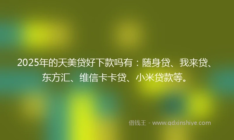 2025年的天美贷好下款吗有：随身贷、我来贷、东方汇、维信卡卡贷、小米贷款等。