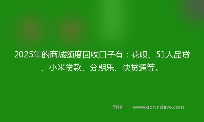 2025年的商城额度回收口子有：花呗、51人品贷、小米贷款、分期乐、快贷通等。