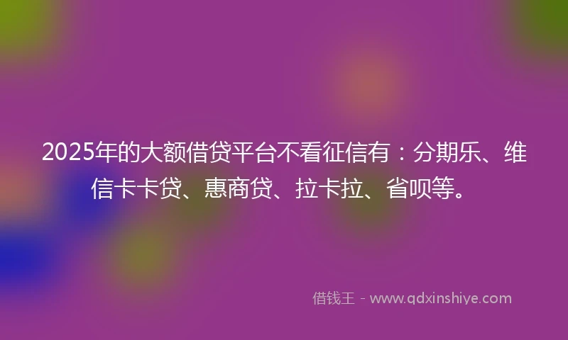 2025年的大额借贷平台不看征信有：分期乐、维信卡卡贷、惠商贷、拉卡拉、省呗等。