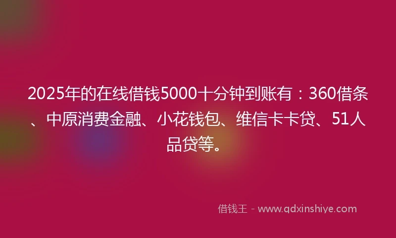 2025年的在线借钱5000十分钟到账有：360借条、中原消费金融、小花钱包、维信卡卡贷、51人品贷等。