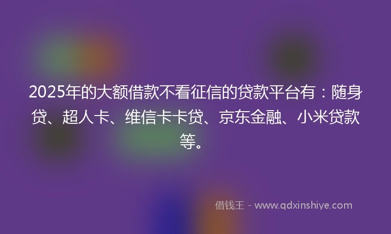 2025年的大额借款不看征信的贷款平台有:随身贷、超人卡、维信卡卡贷、京东金融、小米贷款等。