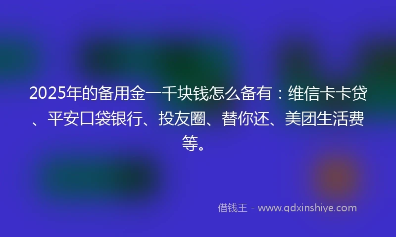 2025年的备用金一千块钱怎么备有：维信卡卡贷、平安口袋银行、投友圈、替你还、美团生活费等。