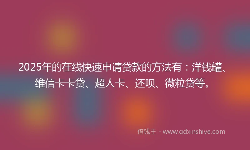 2025年的在线快速申请贷款的方法有：洋钱罐、维信卡卡贷、超人卡、还呗、微粒贷等。