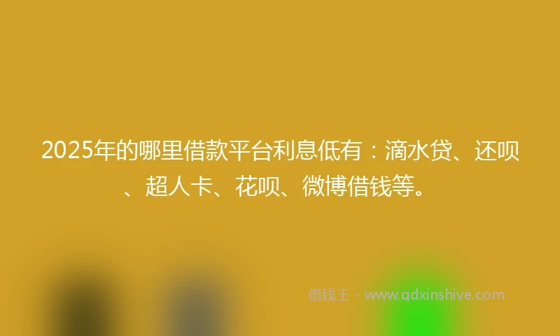 2025年的哪里借款平台利息低有：滴水贷、还呗、超人卡、花呗、微博借钱等。
