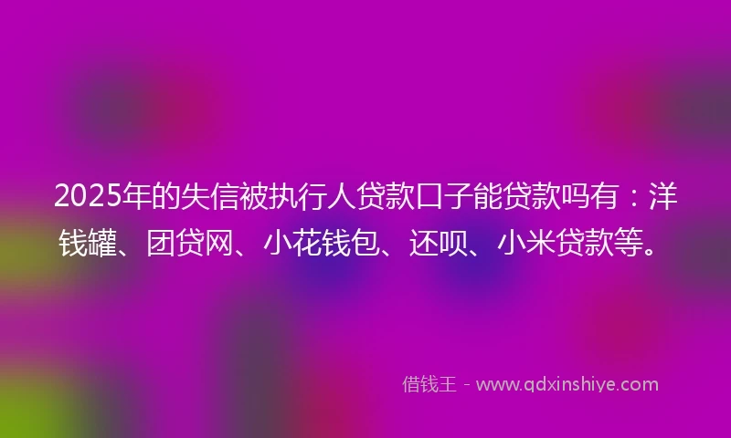 2025年的失信被执行人贷款口子能贷款吗有：洋钱罐、团贷网、小花钱包、还呗、小米贷款等。
