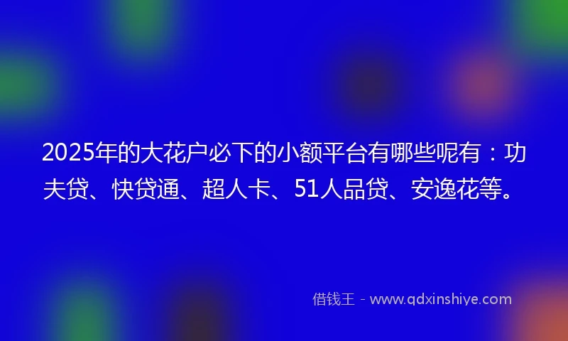 2025年的大花户必下的小额平台有哪些呢有：功夫贷、快贷通、超人卡、51人品贷、安逸花等。