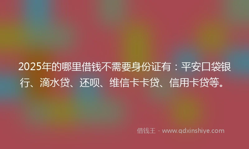 2025年的哪里借钱不需要身份证有：平安口袋银行、滴水贷、还呗、维信卡卡贷、信用卡贷等。
