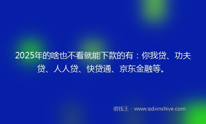 2025年的啥也不看就能下款的有：你我贷、功夫贷、人人贷、快贷通、京东金融等。