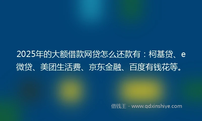 2025年的大额借款网贷怎么还款有:柯基贷、e微贷、美团生活费、京东金融、百度有钱花等。