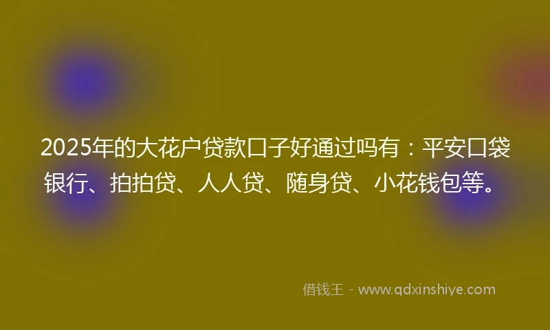 2025年的大花户贷款口子好通过吗有：平安口袋银行、拍拍贷、人人贷、随身贷、小花钱包等。