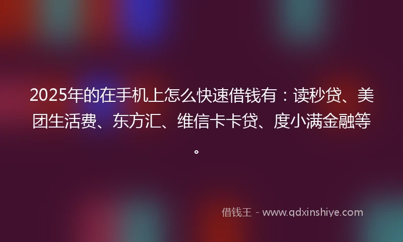 2025年的在手机上怎么快速借钱有：读秒贷、美团生活费、东方汇、维信卡卡贷、度小满金融等。