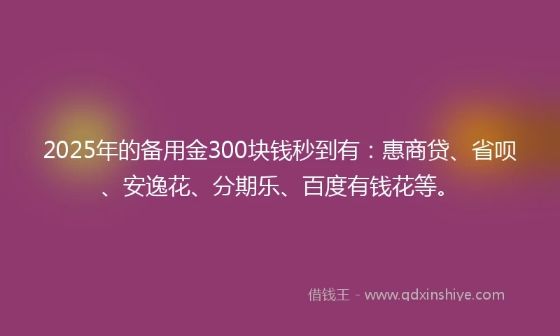 2025年的备用金300块钱秒到有：惠商贷、省呗、安逸花、分期乐、百度有钱花等。