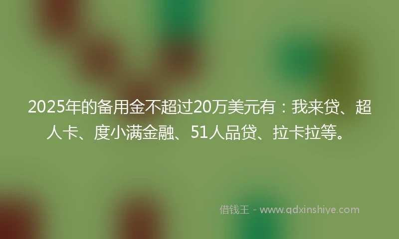 2025年的备用金不超过20万美元有：我来贷、超人卡、度小满金融、51人品贷、拉卡拉等。