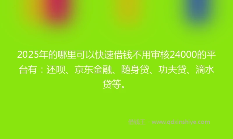 2025年的哪里可以快速借钱不用审核24000的平台有：还呗、京东金融、随身贷、功夫贷、滴水贷等。