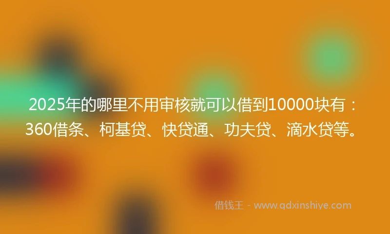 2025年的哪里不用审核就可以借到10000块有：360借条、柯基贷、快贷通、功夫贷、滴水贷等。
