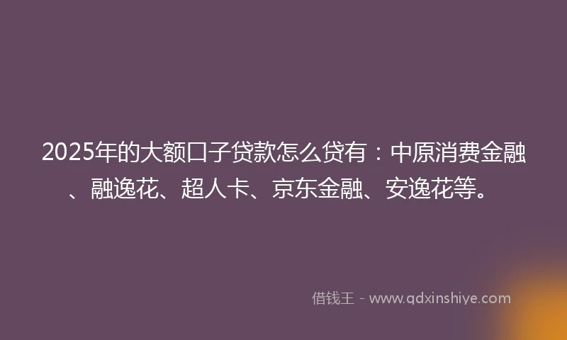 2025年的大额口子贷款怎么贷有：中原消费金融、融逸花、超人卡、京东金融、安逸花等。