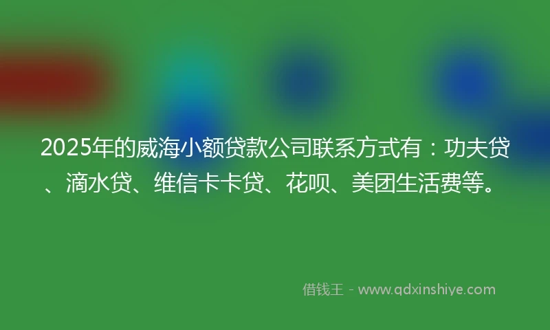 2025年的威海小额贷款公司联系方式有：功夫贷、滴水贷、维信卡卡贷、花呗、美团生活费等。