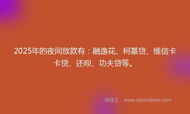 2025年的夜间放款有：融逸花、柯基贷、维信卡卡贷、还呗、功夫贷等。
