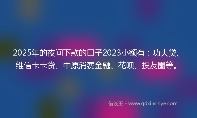 2025年的夜间下款的口子2023小额有：功夫贷、维信卡卡贷、中原消费金融、花呗、投友圈等。