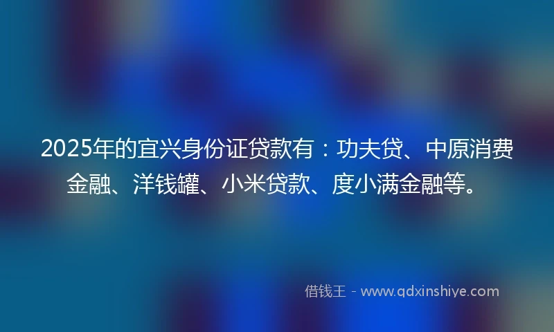 2025年的宜兴身份证贷款有：功夫贷、中原消费金融、洋钱罐、小米贷款、度小满金融等。