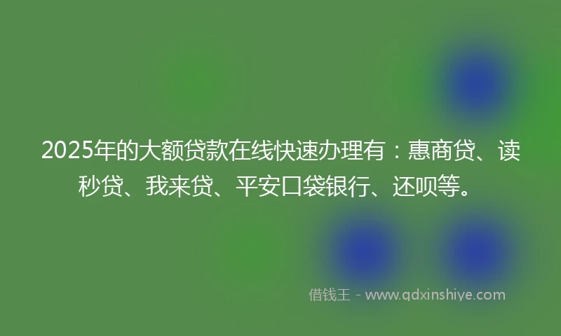 2025年的大额贷款在线快速办理有：惠商贷、读秒贷、我来贷、平安口袋银行、还呗等。
