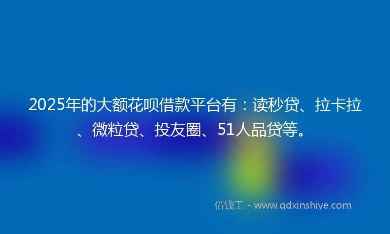 2025年的大额花呗借款平台有：读秒贷、拉卡拉、微粒贷、投友圈、51人品贷等。