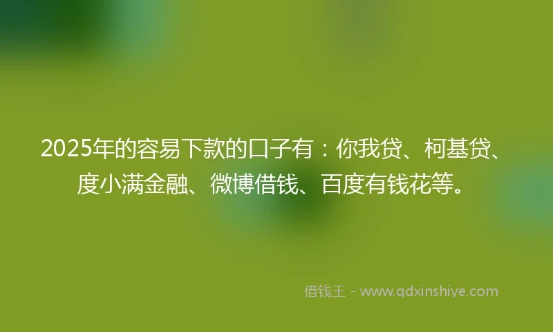 2025年的容易下款的口子有：你我贷、柯基贷、度小满金融、微博借钱、百度有钱花等。