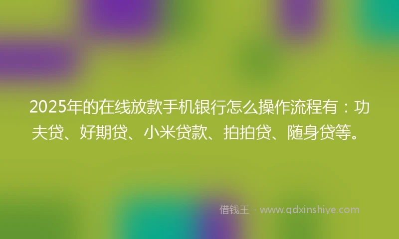 2025年的在线放款手机银行怎么操作流程有：功夫贷、好期贷、小米贷款、拍拍贷、随身贷等。