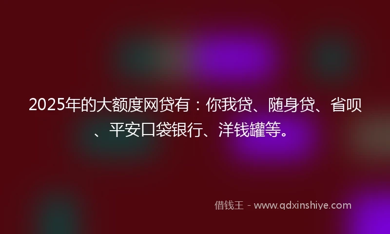 2025年的大额度网贷有：你我贷、随身贷、省呗、平安口袋银行、洋钱罐等。